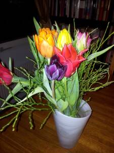 Färgglada blommor i en vas.