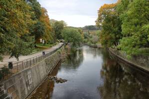 Bild på en vacker kanal och grönskande träd i Uddevalla.